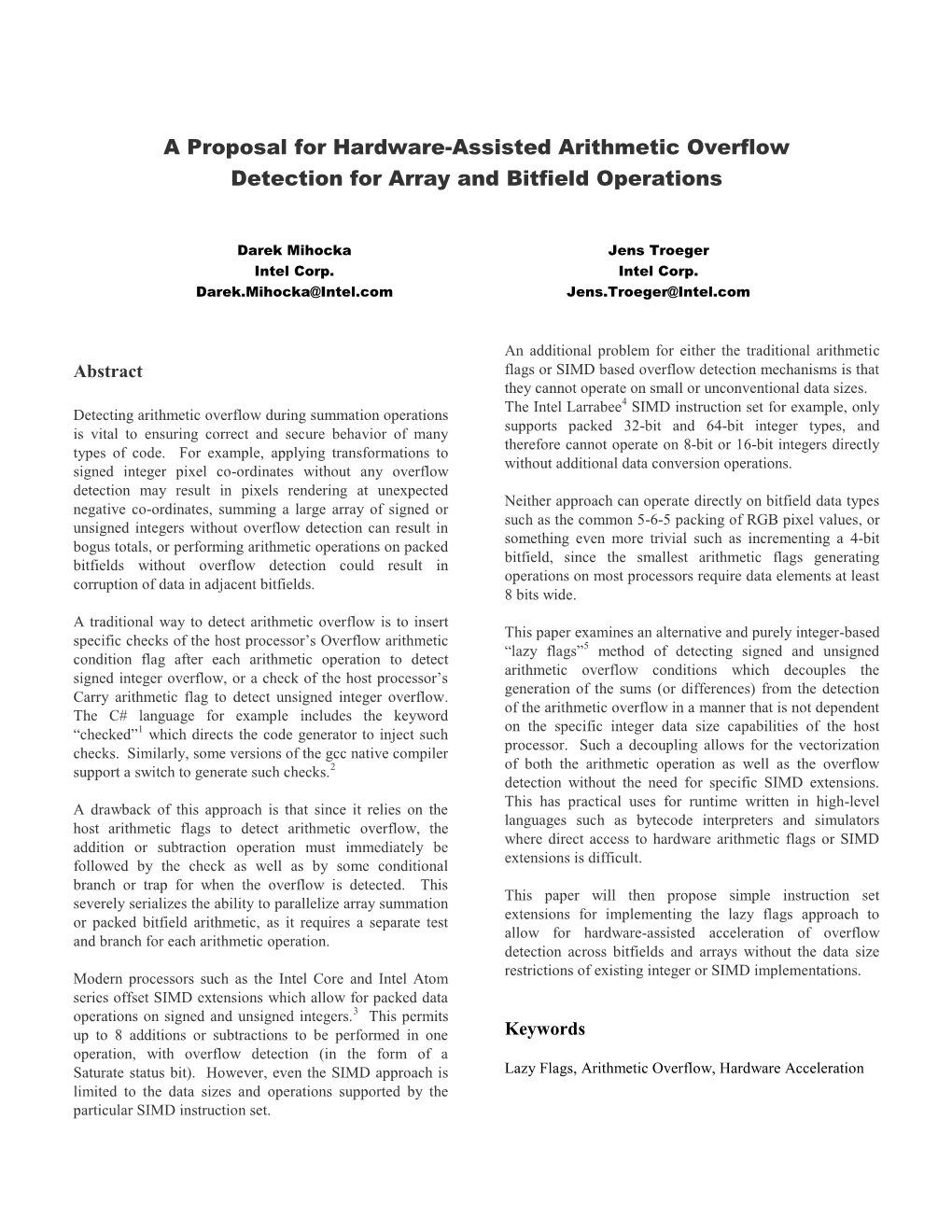 Hardware Assisted Arithmetic Overflow Detection