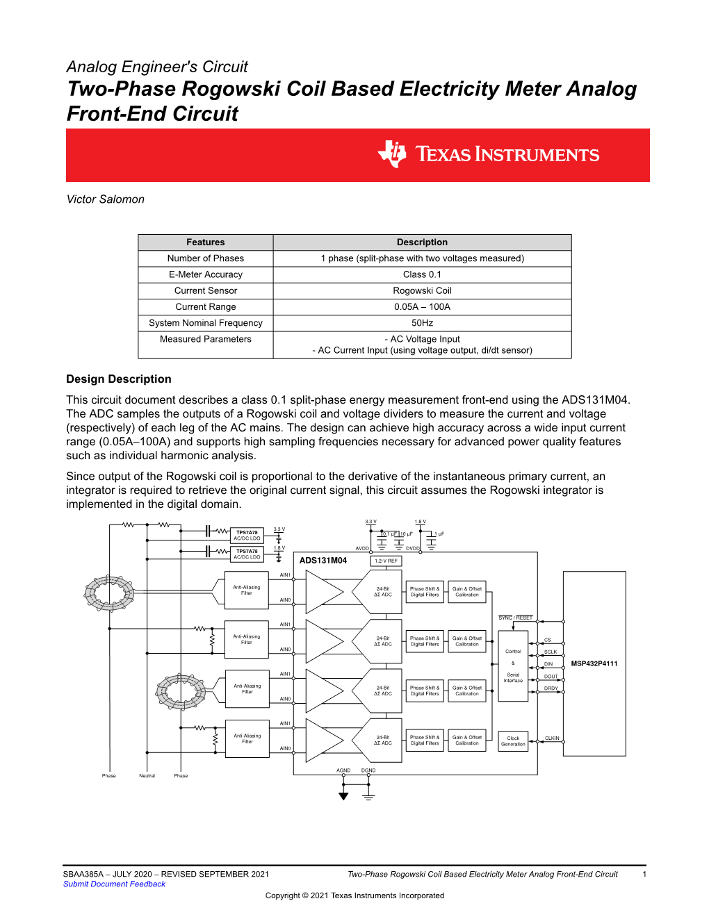 Two-Phase Rogowski Coil Based Electricity Meter Analog Front-End Circuit