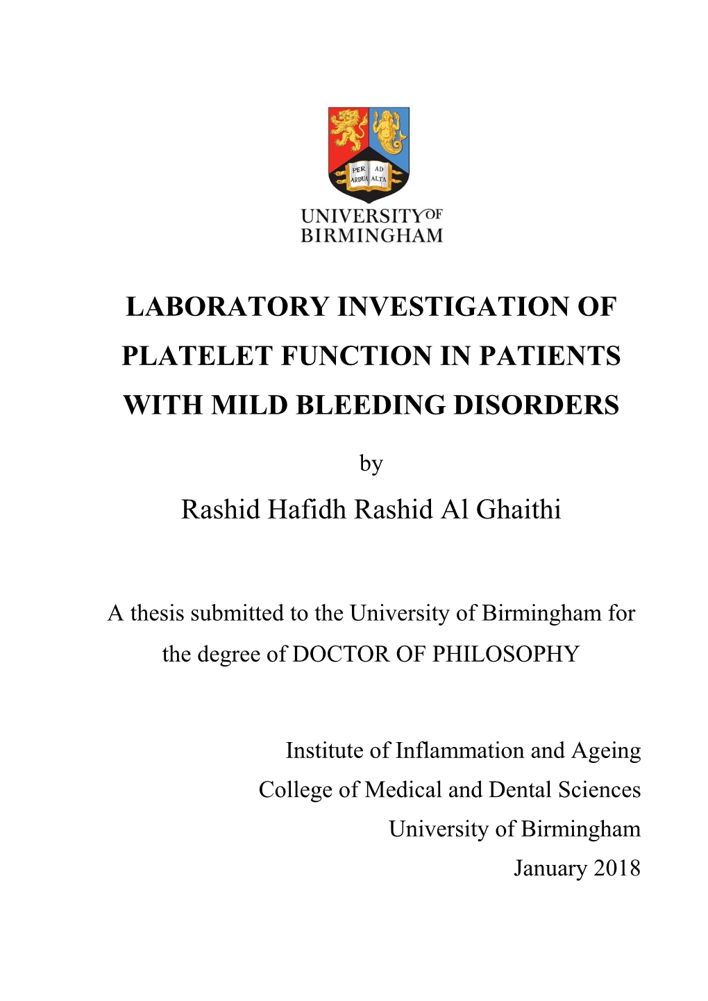 Laboratory Investigation of Platelet Function in Patients with Mild Bleeding Disorders