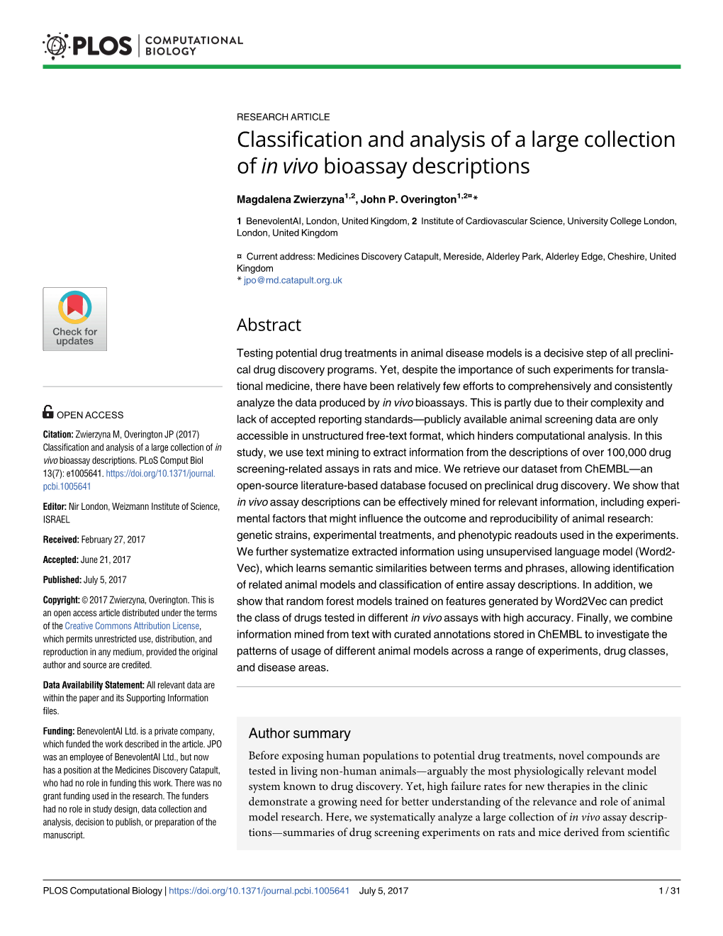 Classification and Analysis of a Large Collection of in Vivo Bioassay Descriptions