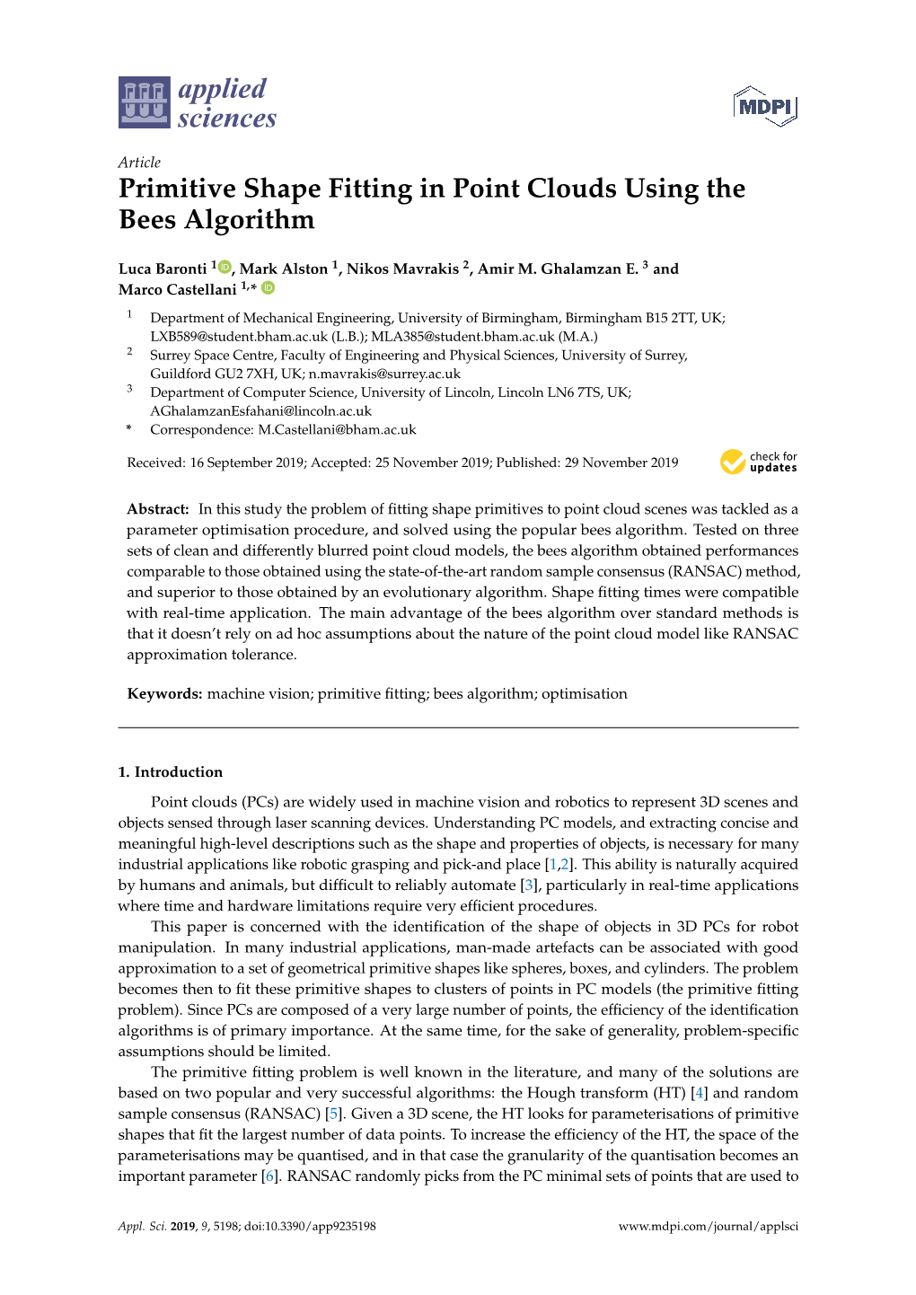 Primitive Shape Fitting in Point Clouds Using the Bees Algorithm