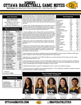 OTTAWA BASKETBALL GAME NOTES Media Contact: Katie Tooley, Director of Sports Information, 1001 S