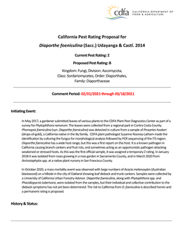 California Pest Rating Proposal for Diaporthe Foeniculina (Sacc.) Udayanga & Castl