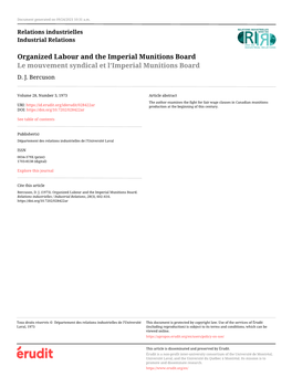 Organized Labour and the Imperial Munitions Board Le Mouvement Syndical Et L’Imperial Munitions Board D