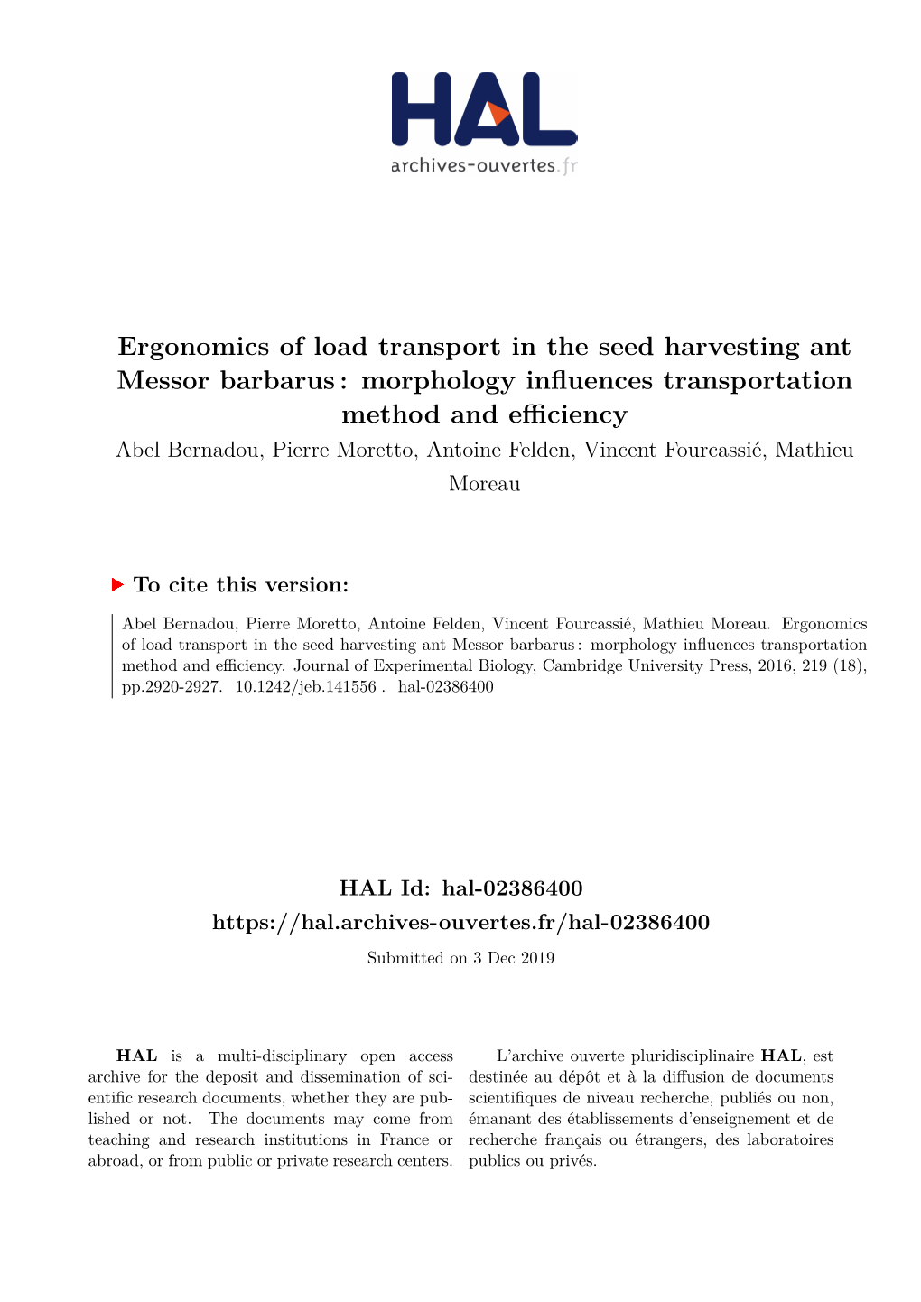 Ergonomics of Load Transport in the Seed Harvesting Ant Messor Barbarus