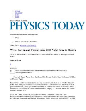 Weiss, Barish, and Thorne Share 2017 Nobel Prize in Physics