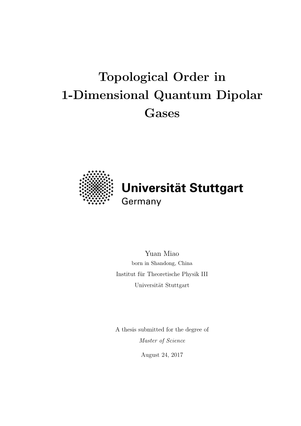 Topological Order in 1-Dimensional Quantum Dipolar Gases