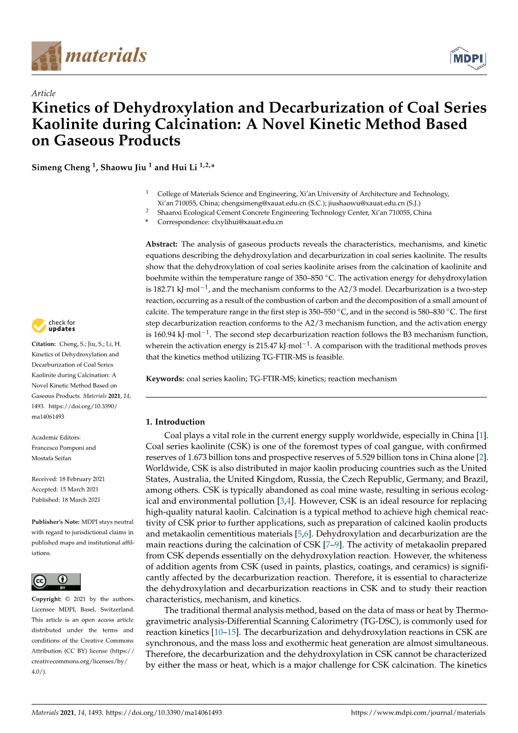 Kinetics of Dehydroxylation and Decarburization of Coal Series Kaolinite During Calcination: a Novel Kinetic Method Based on Gaseous Products