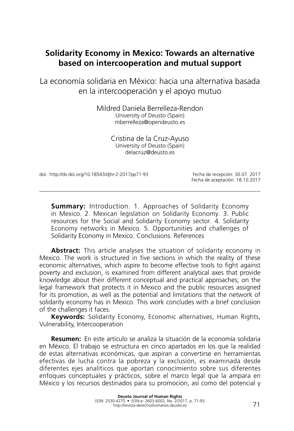 Solidarity Economy in Mexico: Towards an Alternative Based on Intercooperation and Mutual Support La Economía Solidaria En