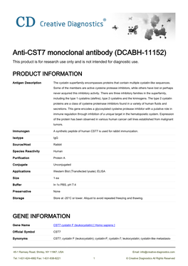 Anti-CST7 Monoclonal Antibody (DCABH-11152) This Product Is for Research Use Only and Is Not Intended for Diagnostic Use