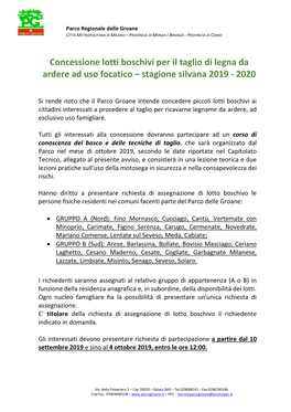 Concessione Lotti Boschivi Per Il Taglio Di Legna Da Ardere Ad Uso Focatico – Stagione Silvana 2019 - 2020