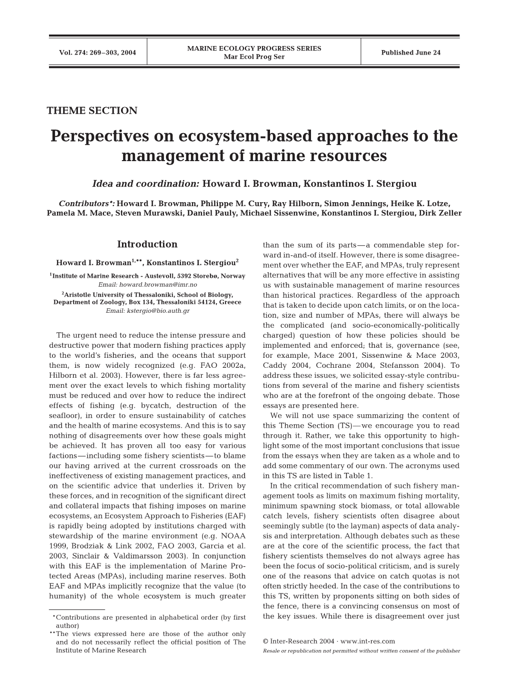 Perspectives on Ecosystem-Based Approaches to the Management of Marine Resources