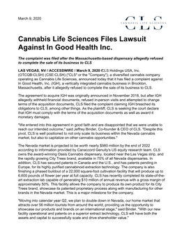 Cannabis Life Sciences Files Lawsuit Against in Good Health Inc