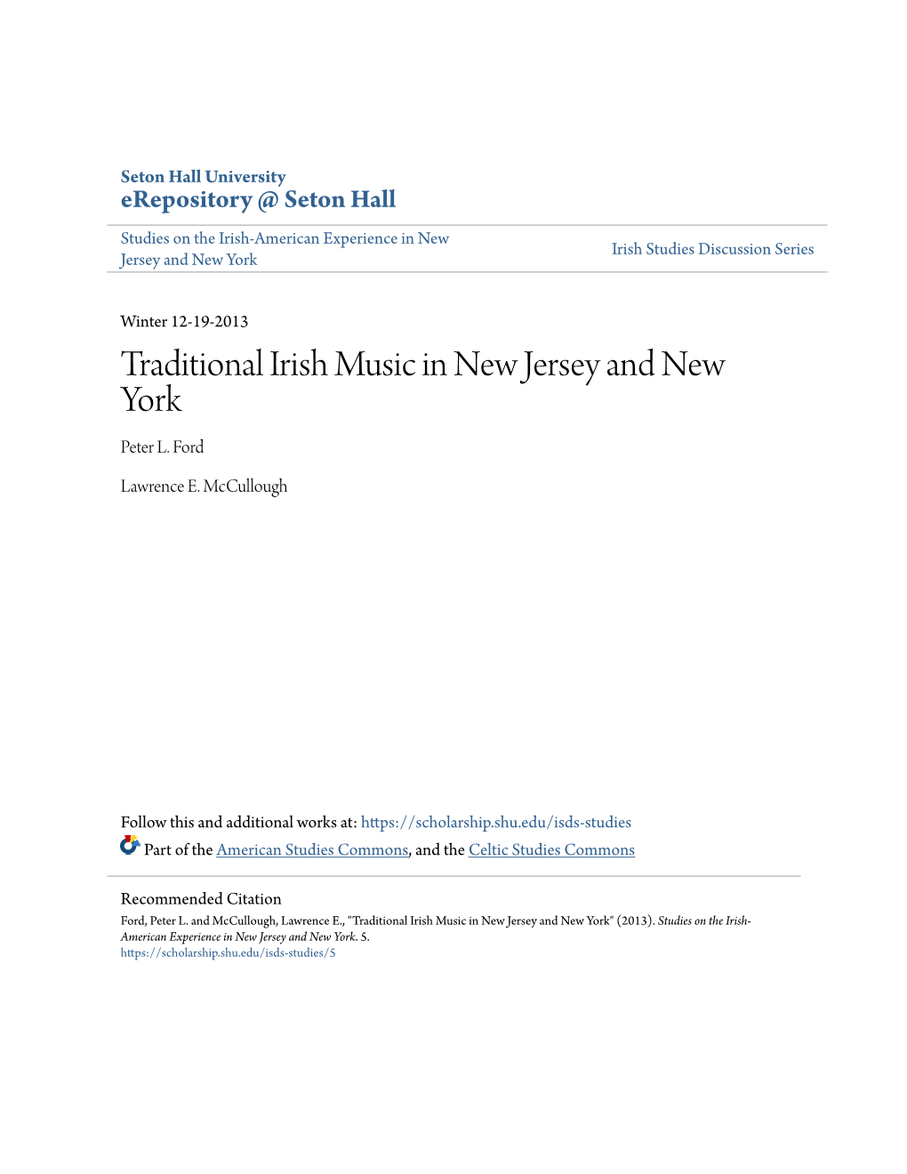 Traditional Irish Music in New Jersey and New York Peter L