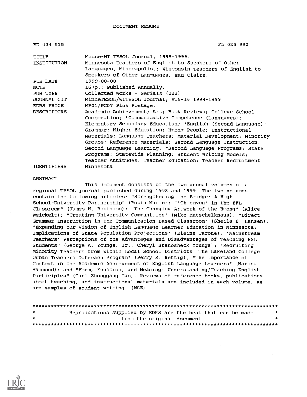 DOCUMENT RESUME Minne-WI TESOL Journal, 1998-1999