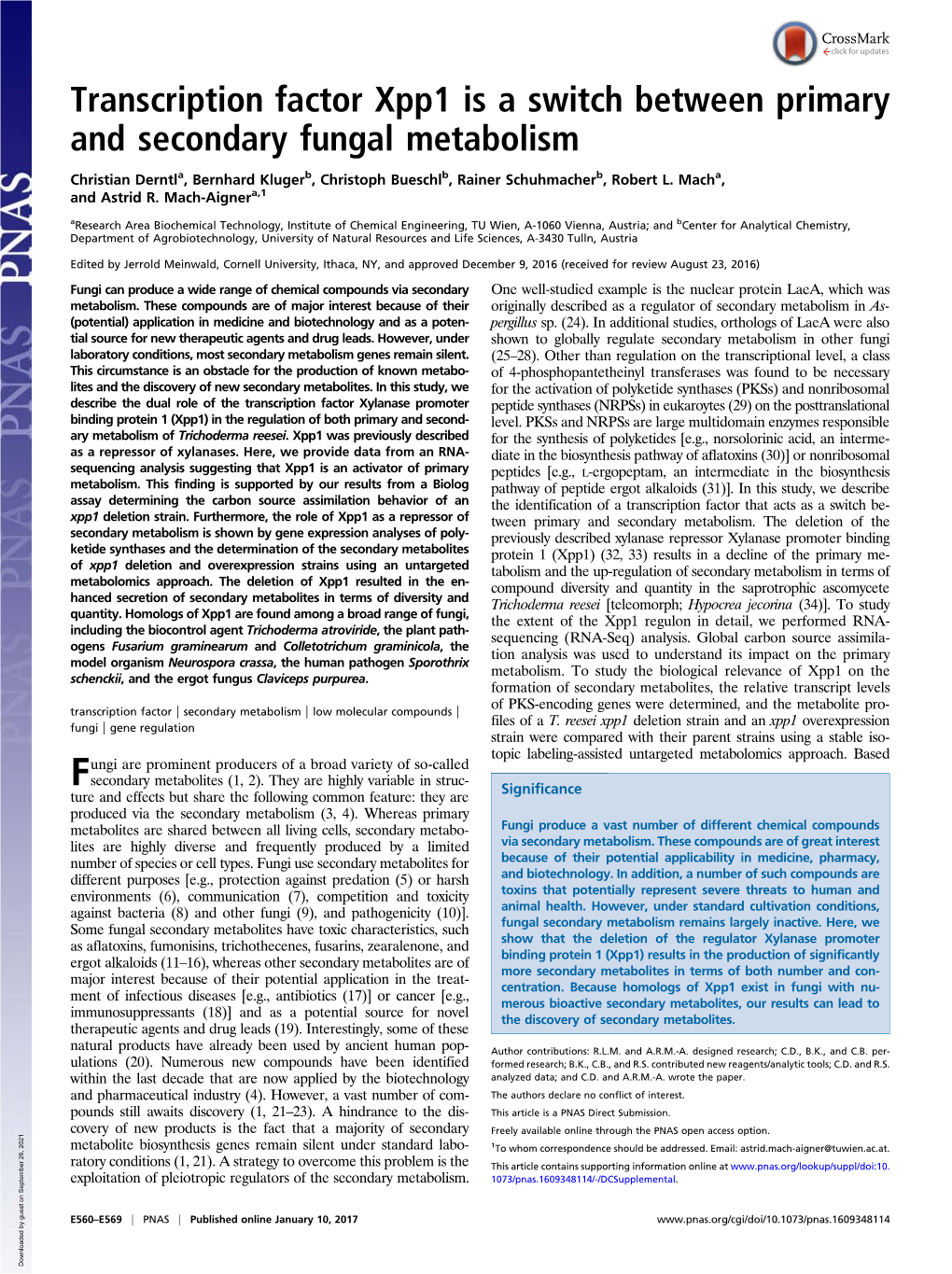 Transcription Factor Xpp1 Is a Switch Between Primary and Secondary Fungal Metabolism