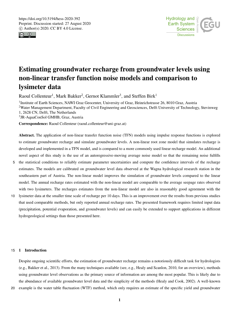 Estimating Groundwater Recharge from Groundwater Levels Using Non-Linear Transfer Function Noise Models and Comparison to Lysime