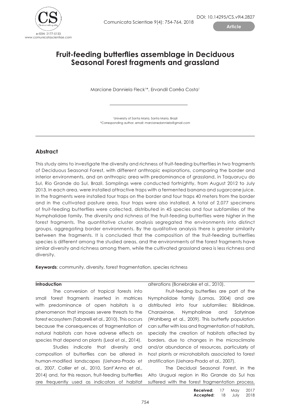 Fruit-Feeding Butterflies Assemblage in Deciduous Seasonal Forest Fragments and Grassland