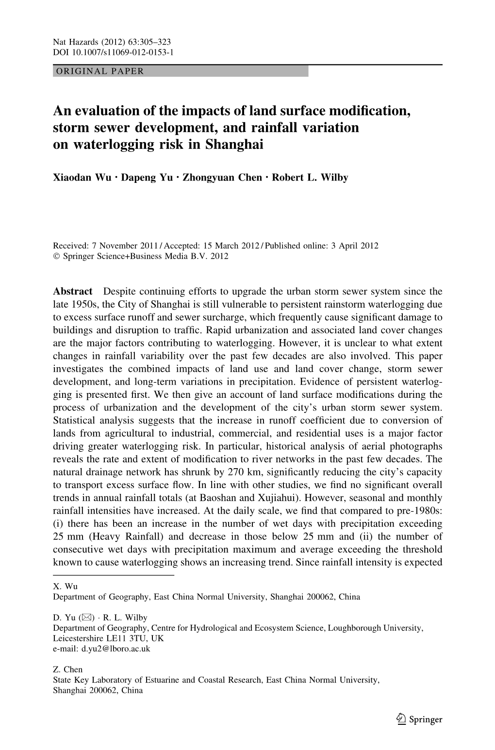 An Evaluation of the Impacts of Land Surface Modification, Storm Sewer