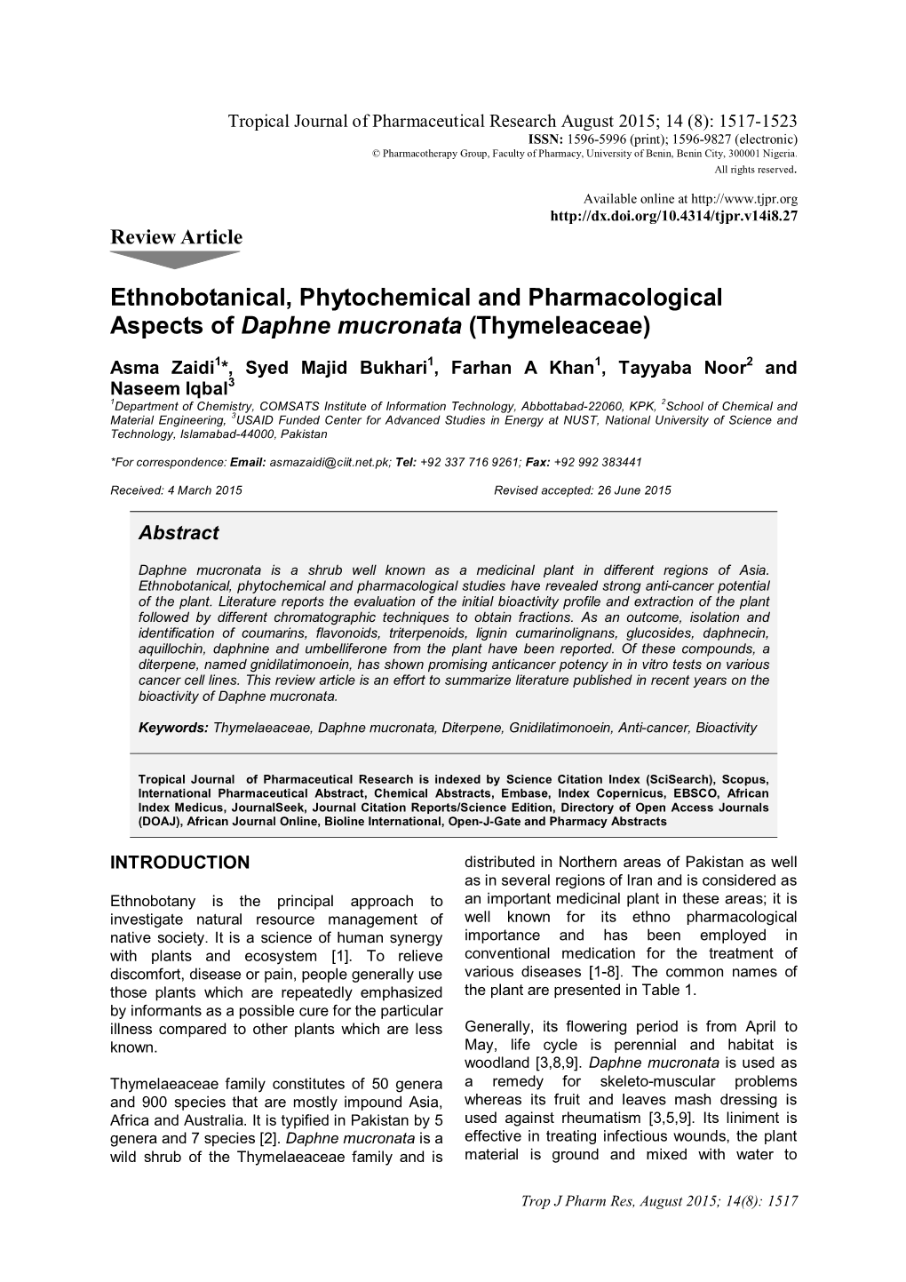 Ethnobotanical, Phytochemical and Pharmacological Aspects of Daphne Mucronata (Thymeleaceae)