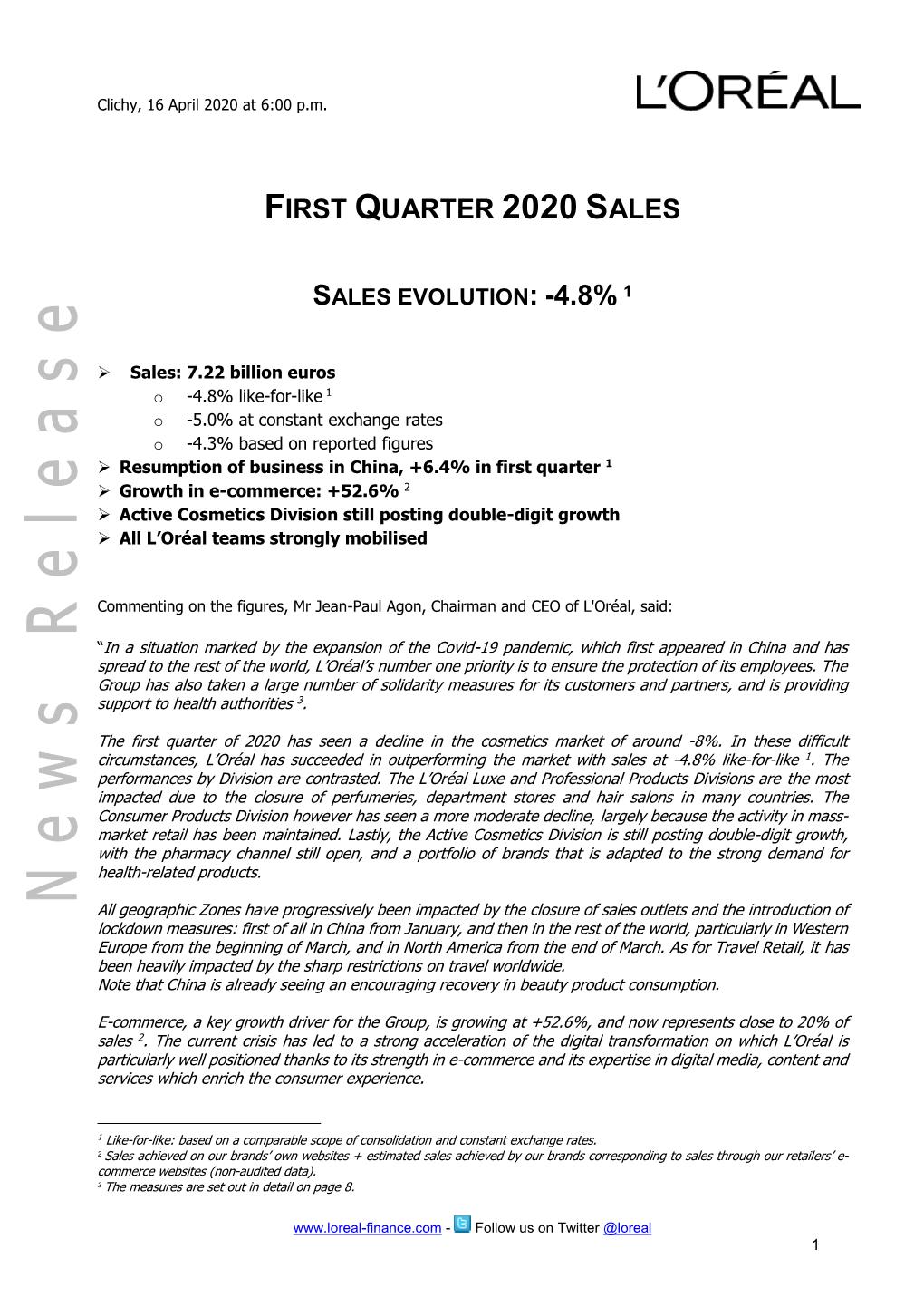 First Quarter 2020 Sales