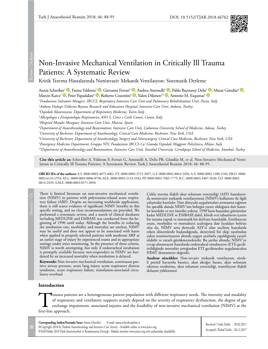 Non-Invasive Mechanical Ventilation in Critically Ill Trauma Patients