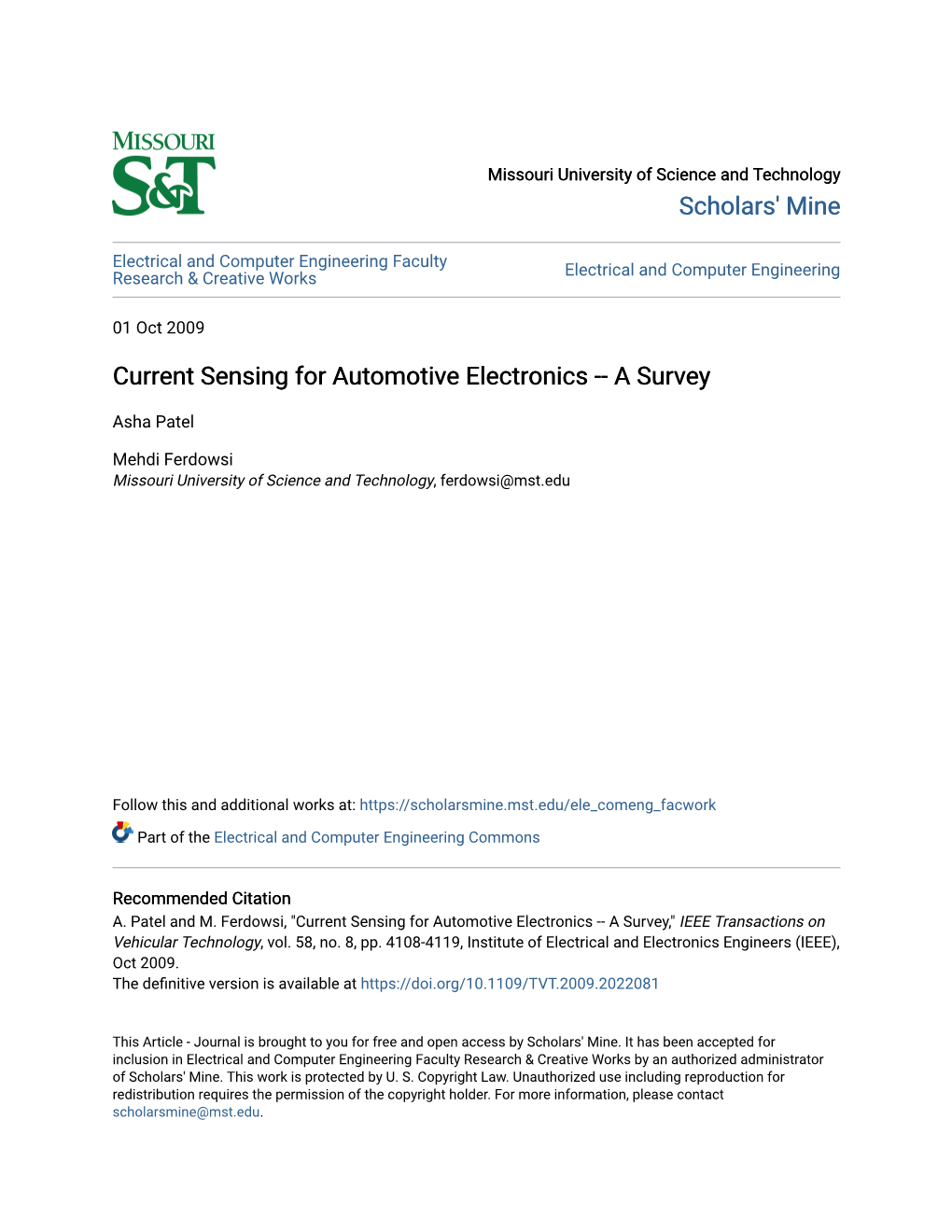 Current Sensing for Automotive Electronics -- a Survey