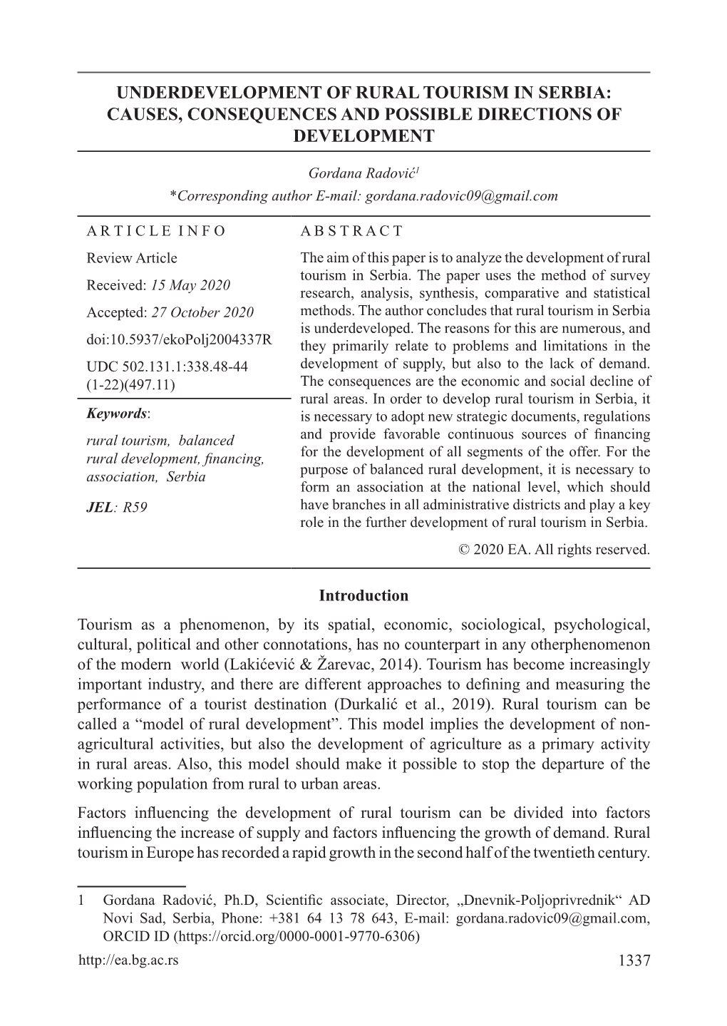 Underdevelopment of Rural Tourism in Serbia: Causes, Consequences and Possible Directions of Development