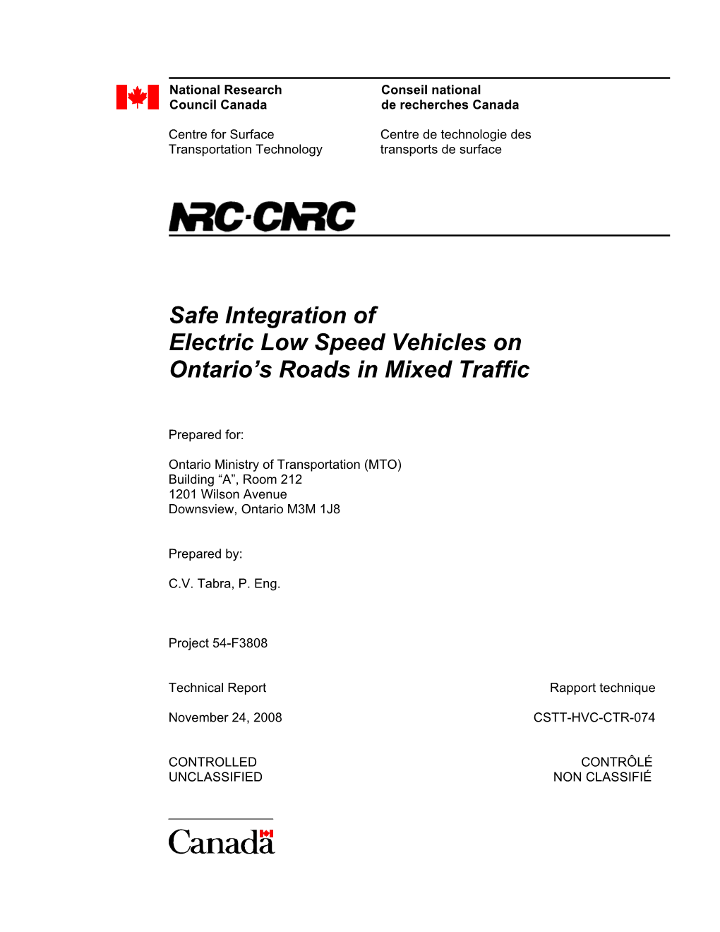 Safe Integration of Electric Low Speed Vehicles on Ontario's Roads in Mixed Traffic