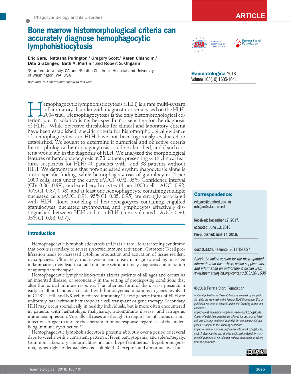 Bone Marrow Histomorphological Criteria Can Accurately Diagnose Hemophagocytic Ferrata Storti Lymphohistiocytosis Foundation