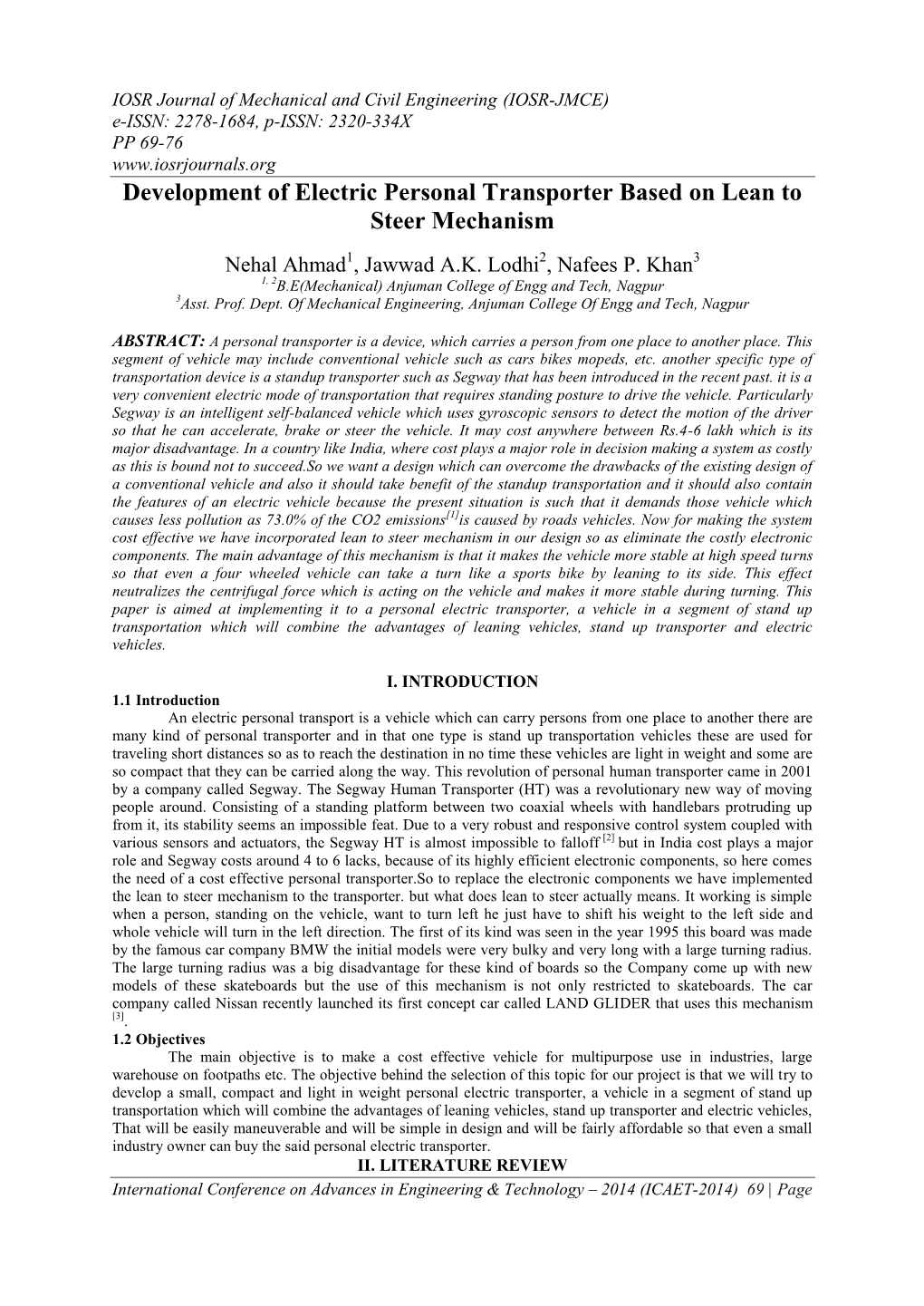 Development of Electric Personal Transporter Based on Lean to Steer Mechanism