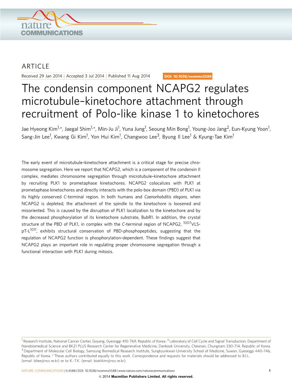 The Condensin Component NCAPG2 Regulates Microtubule–Kinetochore Attachment Through Recruitment of Polo-Like Kinase 1 to Kinetochores