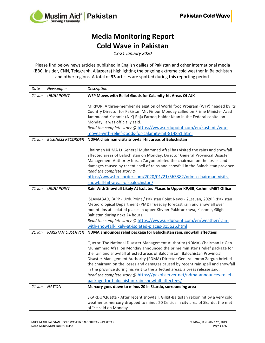 Media Monitoring Report Cold Wave in Pakistan 13-21 January 2020