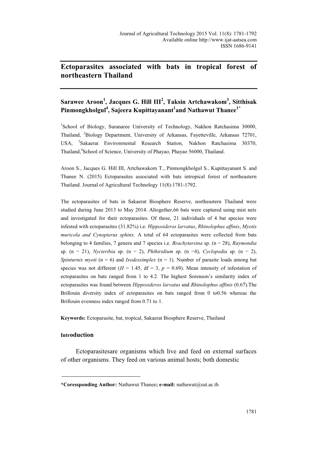 Ectoparasites Associated with Bats in Tropical Forest of Northeastern Thailand