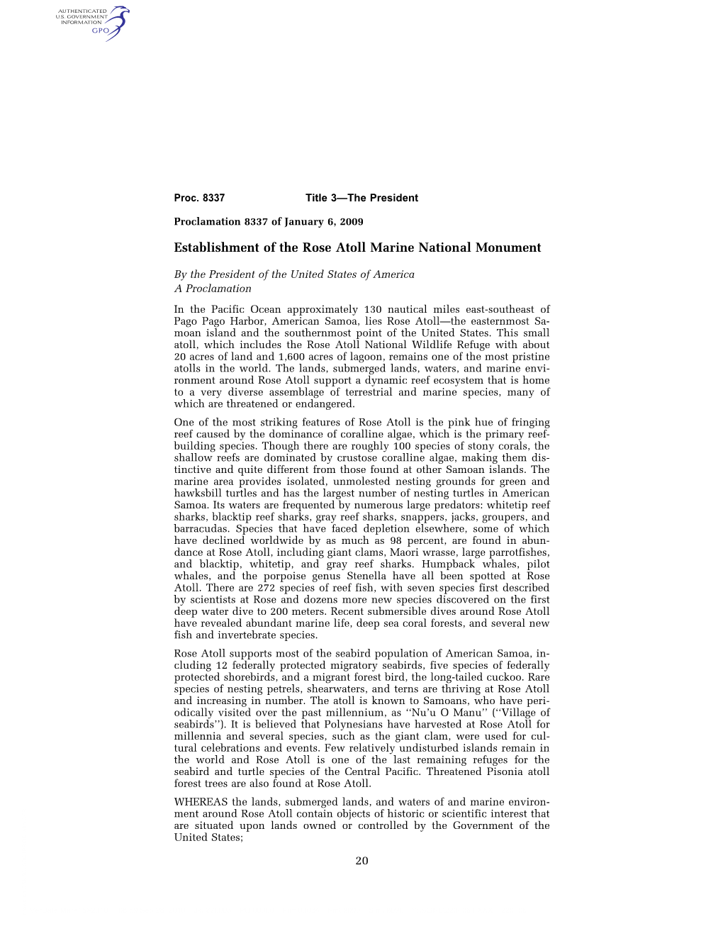 Establishment of the Rose Atoll Marine National Monument