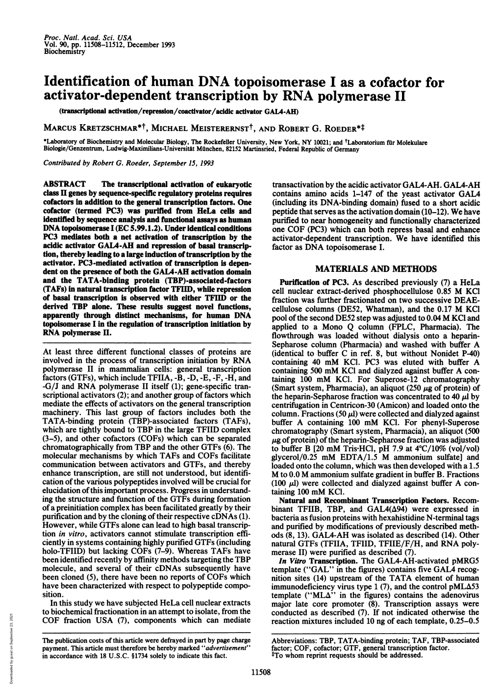 Identification of Human DNA Topoisomerase I As a Cofactor For