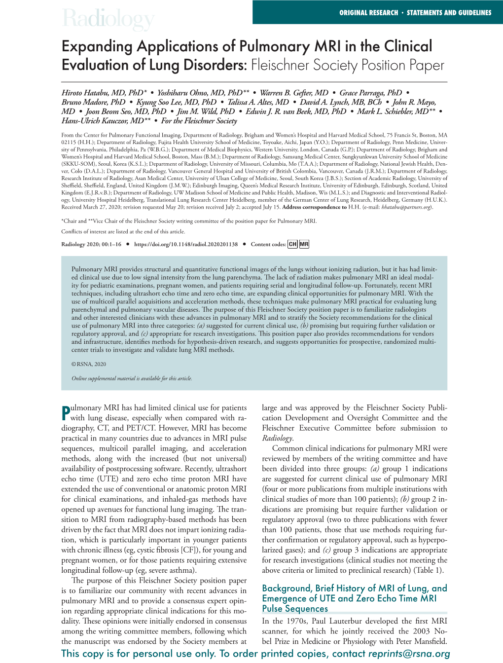 Expanding Applications of Pulmonary MRI in the Clinical Evaluation of Lung Disorders: Fleischner Society Position Paper