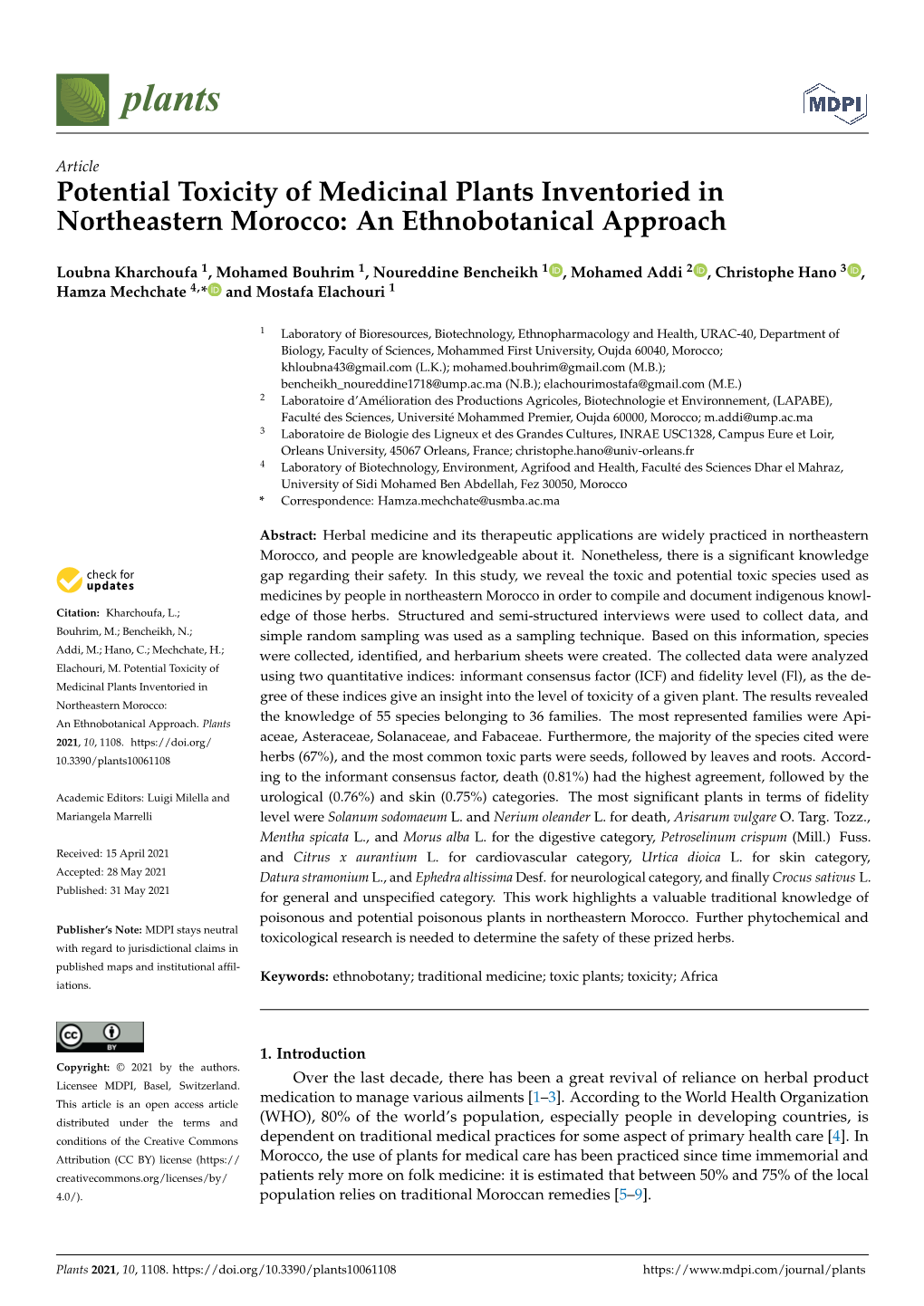 Potential Toxicity of Medicinal Plants Inventoried in Northeastern Morocco: an Ethnobotanical Approach