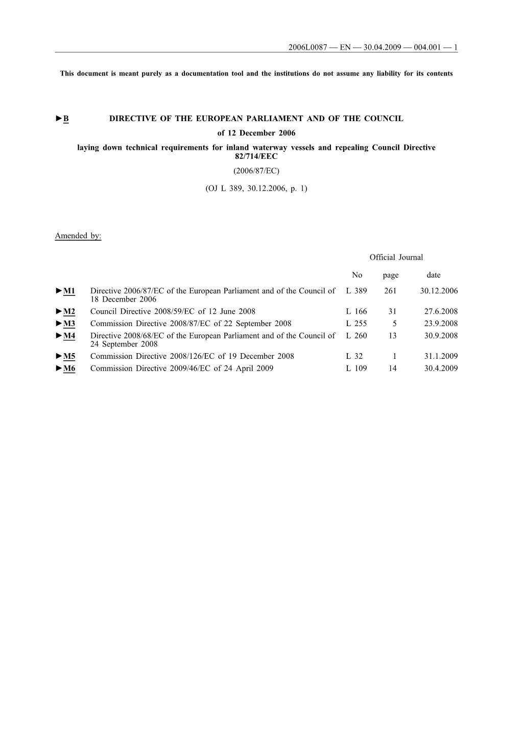 B DIRECTIVE of the EUROPEAN PARLIAMENT and of the COUNCIL of 12 December 2006 Laying Down Technical Requirements for Inland W