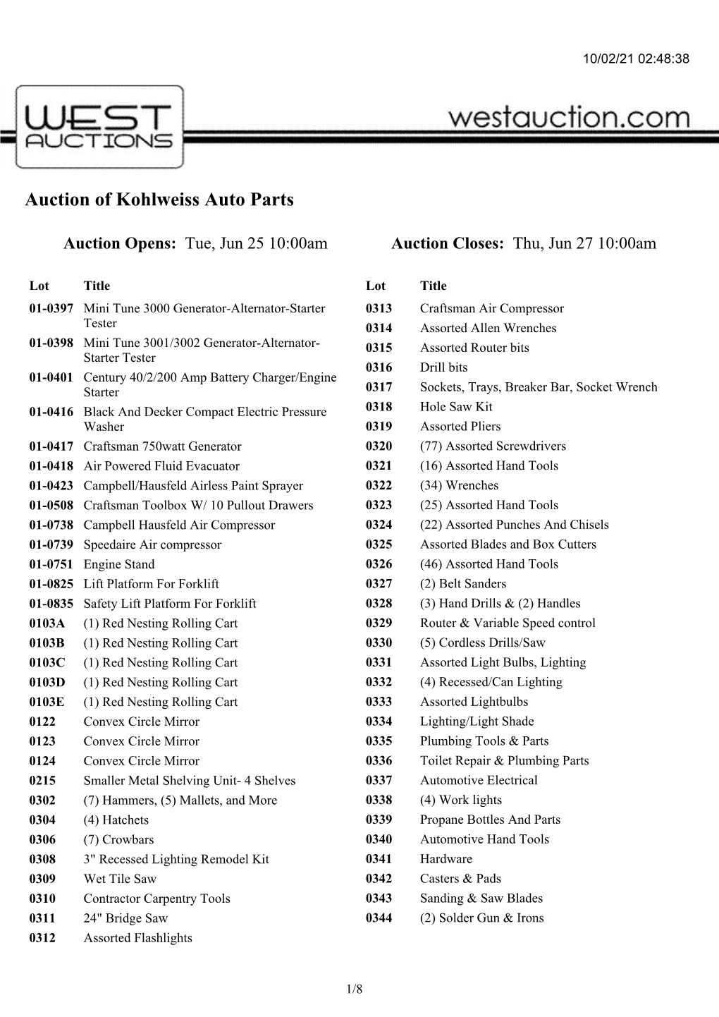 Auction of Kohlweiss Auto Parts