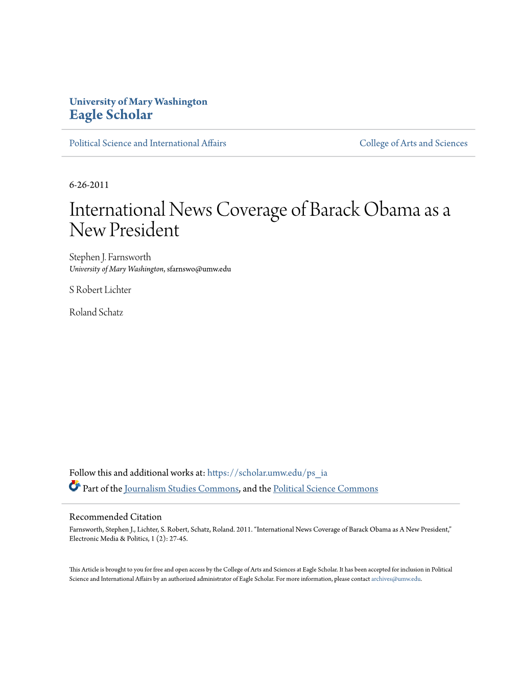 International News Coverage of Barack Obama As a New President Stephen J