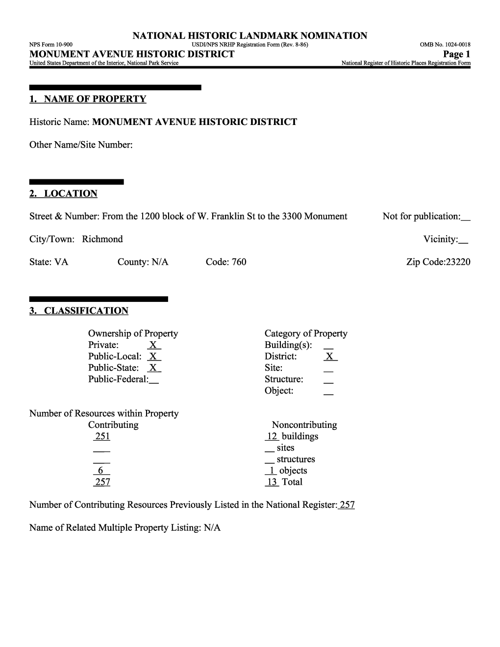 MONUMENT AVENUE HISTORIC DISTRICT Page 1 United States Department of the Interior, National Park Service______National Register of Historic Places Registration Form