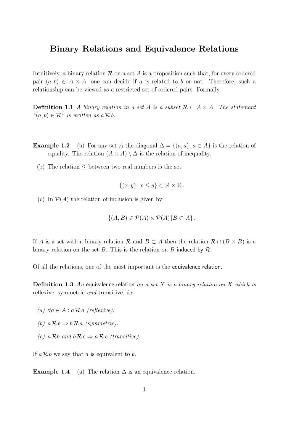 Binary Relations and Equivalence Relations