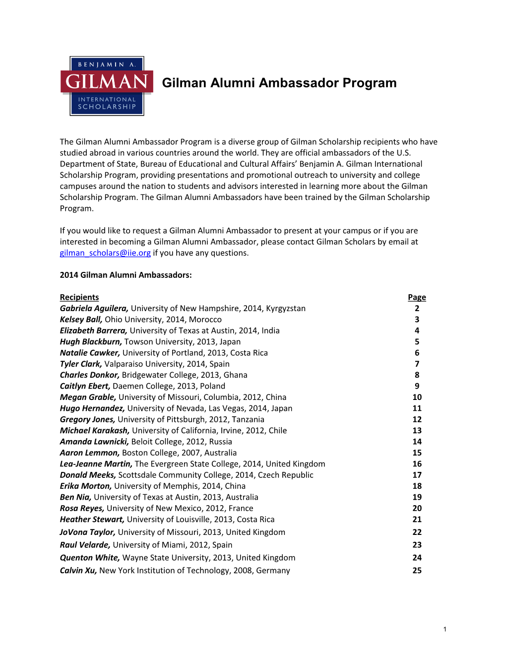 2014 Gilman Alumni Ambassadors