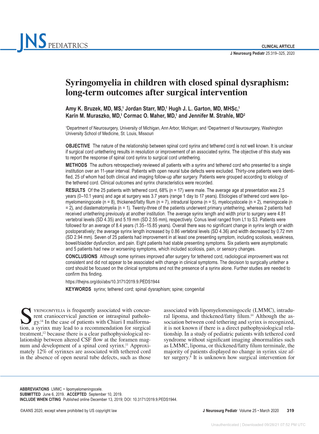 Syringomyelia in Children with Closed Spinal Dysraphism: Long-Term Outcomes After Surgical Intervention