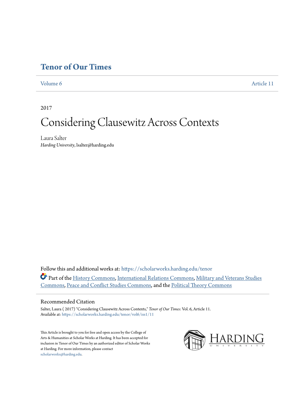 Considering Clausewitz Across Contexts Laura Salter Harding University, Lsalter@Harding.Edu