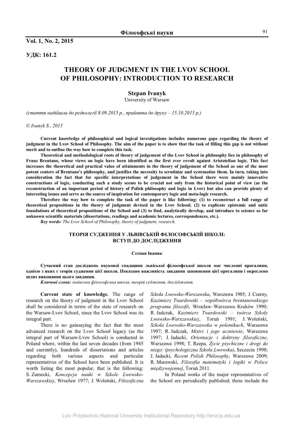 Theory of Judgment in the Lvov School of Philosophy: Introduction to Research