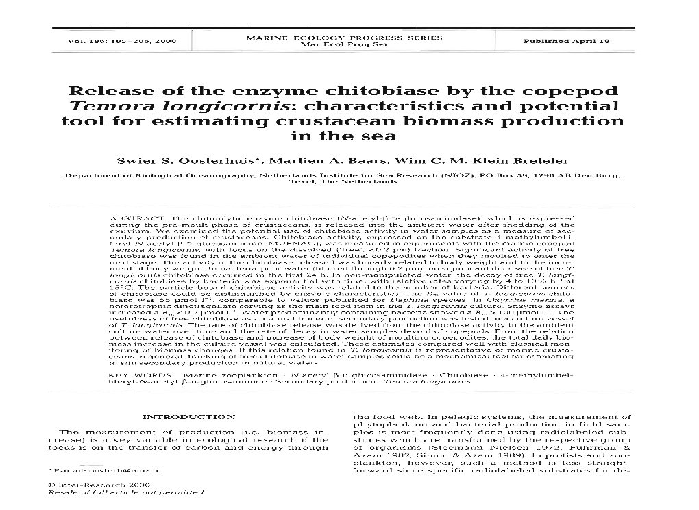 Release of the Enzyme Chitobiase by the Copepod Temora Longicornis: Characteristics and Potential Tool for Estimating Crustacean Biomass Production in the Sea