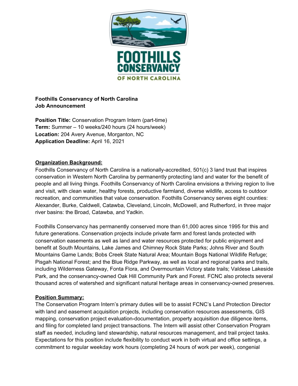 Foothills Conservancy of North Carolina Job Announcement