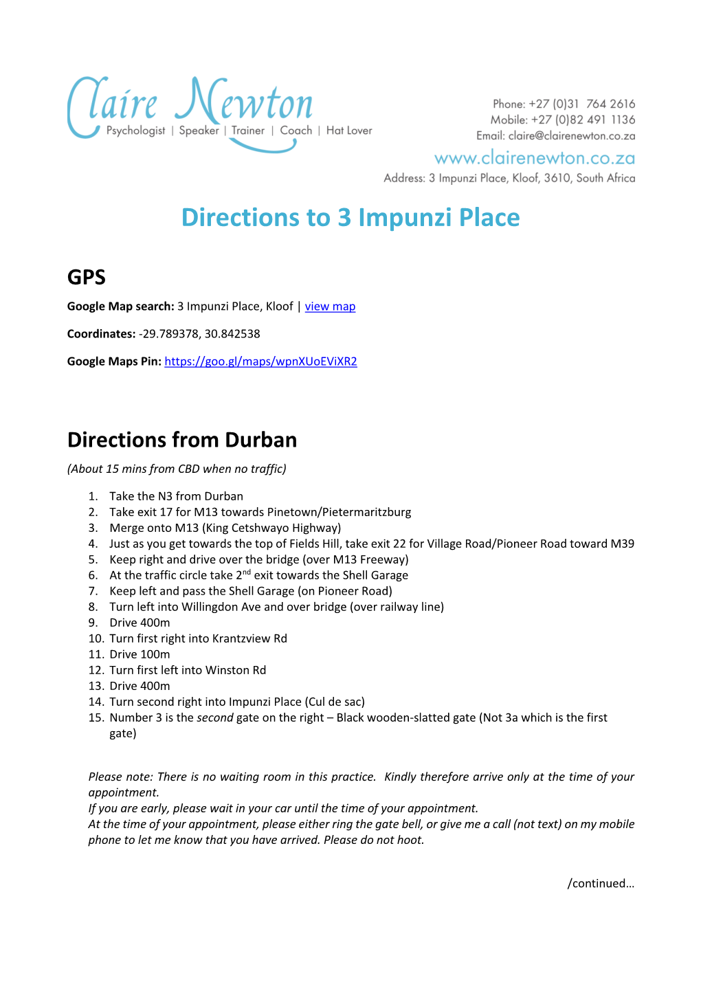 Directions to 3 Impunzi Place